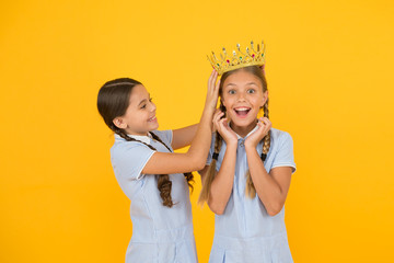 higher standard. vintage girls in gold crown. motivation to be the best. small egoist girls imagine...