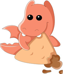 Vector illustration digital dinosaur with a slice of cheese. Cute оrange dinosaur