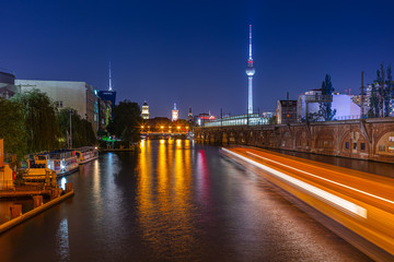 Berlin at night, Jannowitzbridge, Spree river with ships after midinght in summer, Sommernacht,...