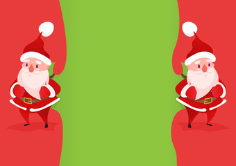 Two happy Santa Claus comes with a bag of gifts, there is an empty copy space on the bag. Advertisement and concept - Vector