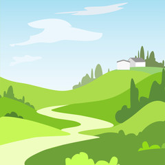 Cartoon landscape with green fields, trees and house, Beautiful rural nature.  Vector Illustration.