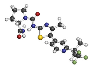 Alpelisib cancer drug molecule (PI3K inhibitor). 3D rendering. Atoms are represented as spheres with conventional color coding: hydrogen (white), carbon (grey), nitrogen (blue), oxygen (red), etc