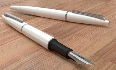 3d illustration render of white fountain pens mockup on wooden background