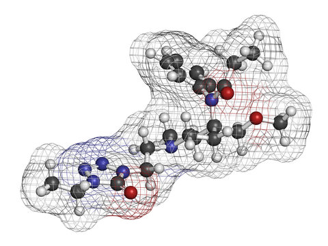 Alfentanil opioid analgesic drug molecule. 3D rendering. Atoms are represented as spheres with conventional color coding: hydrogen (white), carbon (grey), nitrogen (blue), oxygen (red).