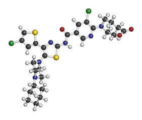 Avatrombopag thrombocytopenia drug molecule. 3D rendering. Atoms are represented as spheres with conventional color coding: hydrogen (white), carbon (grey), nitrogen (blue), oxygen (red), etc