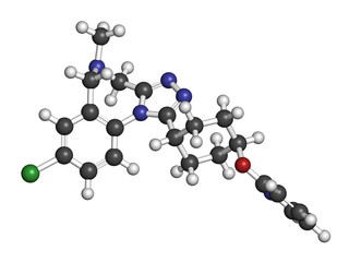 Balovaptan autism drug molecule (vasopressin V1A receptor antagonist). 3D rendering. Atoms are represented as spheres with conventional color coding: hydrogen (white), carbon (grey), etc