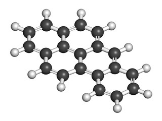 Benzo[a]pyrene (BaP) polycyclic aromatic hydrocarbon molecule. 3D rendering. Atoms are represented as spheres with conventional color coding: hydrogen (white), carbon (grey).