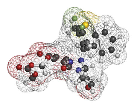 Baloxavir marboxil influenza drug molecule (cap-dependent endonuclease inhibitor). 3D rendering. Atoms are represented as spheres with conventional color coding: hydrogen (white), carbon (grey), etc