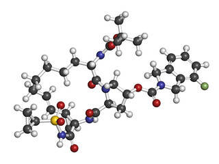 Danoprevir hepatitis C antiviral drug molecule. 3D rendering. Atoms are represented as spheres with conventional color coding: hydrogen (white), carbon (grey), nitrogen (blue), oxygen (red), etc