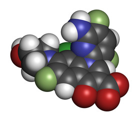 Delafloxacin antibiotic drug molecule (fluoroquinolone class). 3D rendering. Atoms are represented as spheres with conventional color coding: hydrogen (white), carbon (grey), nitrogen (blue),  etc