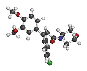 Dimethomorph fungicide molecule. 3D rendering. Atoms are represented as spheres with conventional color coding: hydrogen (white), carbon (grey), oxygen (red), nitrogen (blue), chlorine (green).