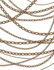 many brass chains on an isolated white background