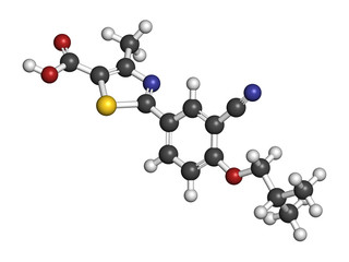 Febuxostat gout drug molecule (xanthine oxidase inhibitor). 3D rendering. Atoms are represented as spheres with conventional color coding: hydrogen (white), carbon (grey), nitrogen (blue), etc
