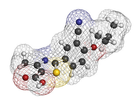 Febuxostat gout drug molecule (xanthine oxidase inhibitor). 3D rendering. Atoms are represented as spheres with conventional color coding: hydrogen (white), carbon (grey), nitrogen (blue), etc