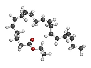 Icosapent ethyl (ethyl eicosapentaenoic acid) drug molecule.  3D rendering. Atoms are represented as spheres with conventional color coding: hydrogen (white), carbon (grey), oxygen (red).