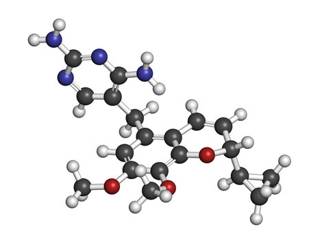 Iclaprim antibiotic drug molecule. 3D rendering. Atoms are represented as spheres with conventional color coding: hydrogen (white), carbon (grey), nitrogen (blue), oxygen (red).