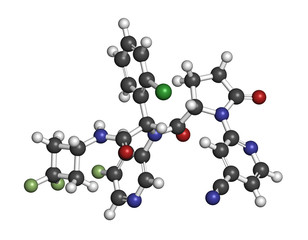 Ivosidenib cancer drug molecule. 3D rendering. Atoms are represented as spheres with conventional color coding: hydrogen (white), carbon (grey), nitrogen (blue), oxygen (red), chlorine (green), etc