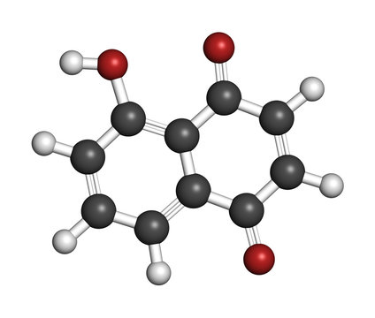 Juglone walnut molecule. 3D rendering. Atoms are represented as spheres with conventional color coding: hydrogen (white), carbon (grey), oxygen (red).