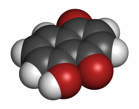 Juglone walnut molecule. 3D rendering. Atoms are represented as spheres with conventional color coding: hydrogen (white), carbon (grey), oxygen (red).