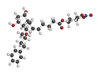 Latanoprostene bunod eye drug molecule. 3D rendering. Atoms are represented as spheres with conventional color coding: hydrogen (white), carbon (grey), nitrogen (blue), oxygen (red).