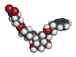 Latanoprostene bunod eye drug molecule. 3D rendering. Atoms are represented as spheres with conventional color coding: hydrogen (white), carbon (grey), nitrogen (blue), oxygen (red).