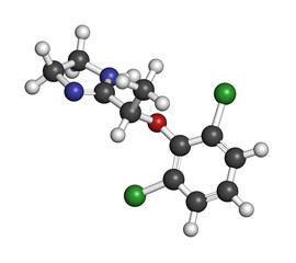 Lofexidine opioid withdrawal treatment drug. 3D rendering. Atoms are represented as spheres with conventional color coding: hydrogen (white), carbon (grey), nitrogen (blue), oxygen (red), etc