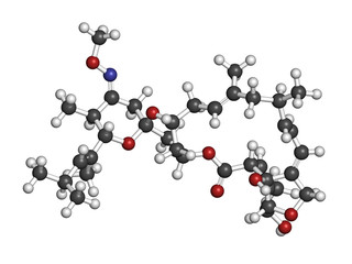 Moxidectin anthelmintic drug molecule. 3D rendering. Atoms are represented as spheres with conventional color coding: hydrogen (white), carbon (grey), nitrogen (blue), oxygen (red).
