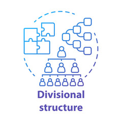 Divisional corporate structure concept icon. Organization hierarchy idea thin line illustration. Leadership and teamwork. Company top management. Vector isolated outline drawing