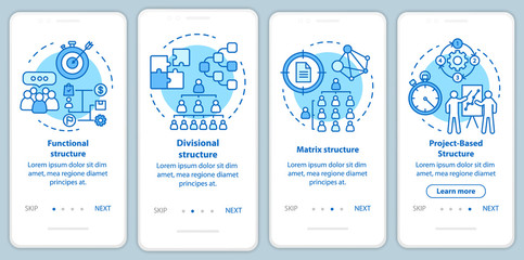 Corporate structure onboarding mobile app page screen with linear concepts. Organization hierarchy. Company management walkthrough turquoise instructions. UX, UI, GUI template with illustrations