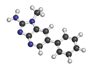 PhIP or 2-Amino-1-methyl-6-phenylimidazo(4,5-b)pyridine molecule. Heterocyclic amine present in cooked meat. 3D rendering. Atoms are represented as spheres with conventional color coding.