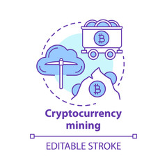Cryptocurrency mining concept icon. Electronic money idea thin line illustration. Cryptomining, blockchain. Digital currency transaction validation. Vector isolated outline drawing. Editable stroke