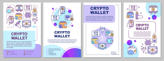 Crypto wallet brochure template layout. Bitcoin storing. Flyer, booklet, leaflet print design with linear icons. Cryptocurrency transactions. Vector page layouts for magazines, annual reports, posters