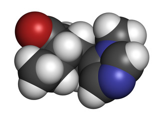 Pilocarpine drug molecule. 3D rendering. Atoms are represented as spheres with conventional color coding: hydrogen (white), carbon (grey), oxygen (red), nitrogen (blue).