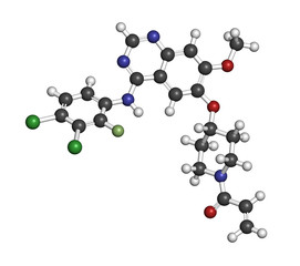 Poziotinib cancer drug molecule. 3D rendering. Atoms are represented as spheres with conventional color coding: hydrogen (white), carbon (grey), nitrogen (blue), oxygen (red), chlorine (green), etc