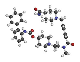 Revefenacin COPD drug molecule. 3D rendering. Atoms are represented as spheres with conventional color coding: hydrogen (white), carbon (grey), nitrogen (blue), oxygen (red).