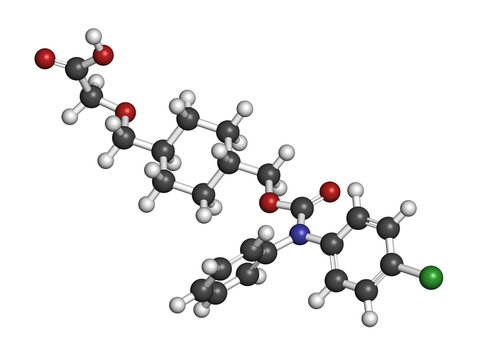 Ralinepag pulmonary arterial hypertension drug molecule. 3D rendering. Atoms are represented as spheres with conventional color coding: hydrogen (white), carbon (grey), nitrogen (blue), etc