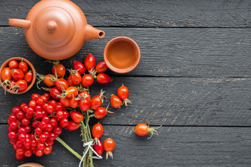 herbal tea with rose hips and viburnum, Medicinal plants and herbs composition 