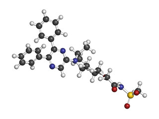 Selexipag pulmonary arterial hypertension drug molecule. 3D rendering. Atoms are represented as spheres with conventional color coding: hydrogen (white), carbon (grey), etc