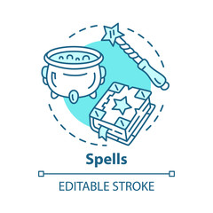 Spells concept icon. Witchcraft and wizardry idea thin line illustration. Wizard, magic equipment. Witch cauldron, magician wand and spell book vector isolated outline drawing. Editable stroke