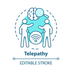Telepathy concept icon. Mind reading, thought transference idea thin line illustration. Psychic powers. Brain with magnifying glass and people vector isolated outline drawing. Editable stroke