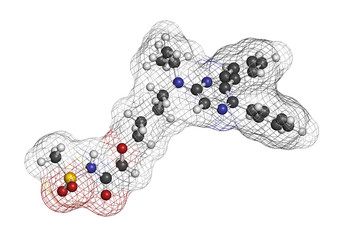 Selexipag pulmonary arterial hypertension drug molecule. 3D rendering. Atoms are represented as spheres with conventional color coding: hydrogen (white), carbon (grey), etc