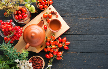 herbal tea with rose hips and viburnum, Medicinal plants and herbs composition 