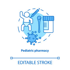 Pediatric pharmacy concept icon. Children medication idea thin line illustration. Vaccination and illness medicine for babies. Kids treatment. Vector isolated outline drawing. Editable stroke