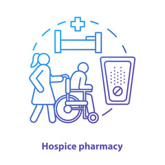 Pharmacy concept icon. Hospice patient medication treatment idea thin line illustration. Senior, disabled people healthcare and pain relief. Vector isolated outline drawing