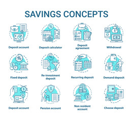 Savings concept icons set. Different banking systems, deposit account variety idea thin line illustrations. Passive income from savings account. Vector isolated outline drawings. Editable stroke