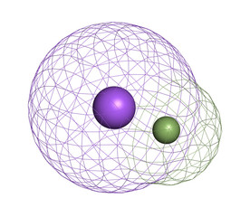 Sodium fluoride, chemical structure. 3D rendering. Atoms are represented as spheres with conventional color coding: sodium (blue), fluorine (light green).