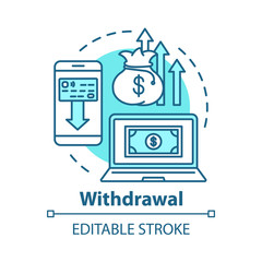 Naklejka premium Money withdrawal concept icon. Savings idea thin line illustration. Claiming profits from investment. Getting interest from deposit, bank account. Vector isolated outline drawing. Editable stroke