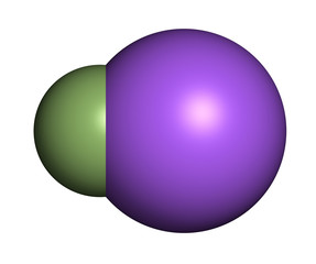 Sodium fluoride, chemical structure. 3D rendering. Atoms are represented as spheres with conventional color coding: sodium (blue), fluorine (light green).