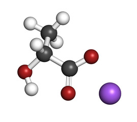 Sodium lactate, chemical structure. 3D rendering. Atoms are represented as spheres with conventional color coding: hydrogen (white), carbon (grey), oxygen (red), sodium (blue).
