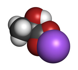 Sodium lactate, chemical structure. 3D rendering. Atoms are represented as spheres with conventional color coding: hydrogen (white), carbon (grey), oxygen (red), sodium (blue).